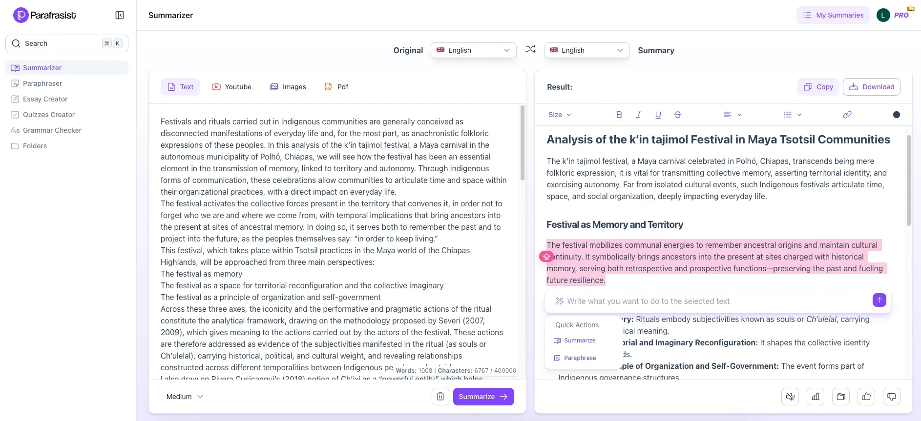 Summary of the text “Festivals and rituals in indigenous communities" created with the Parafrasist online summarizer