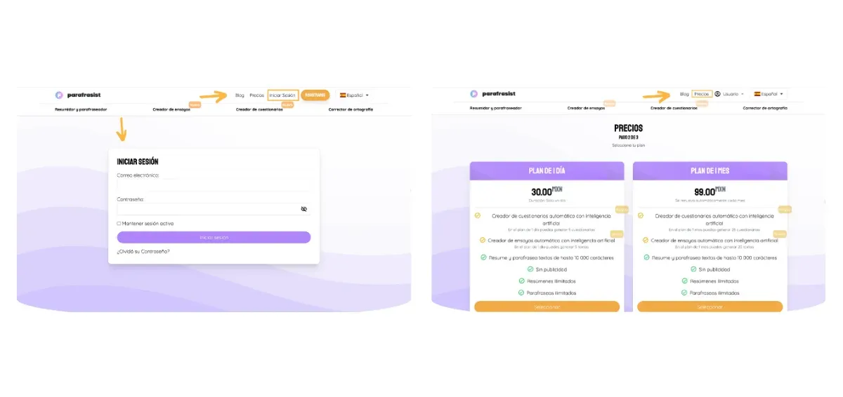 Screenshot de pasos para iniciar sesión en Parafrasist y su sección de precios según el plan
