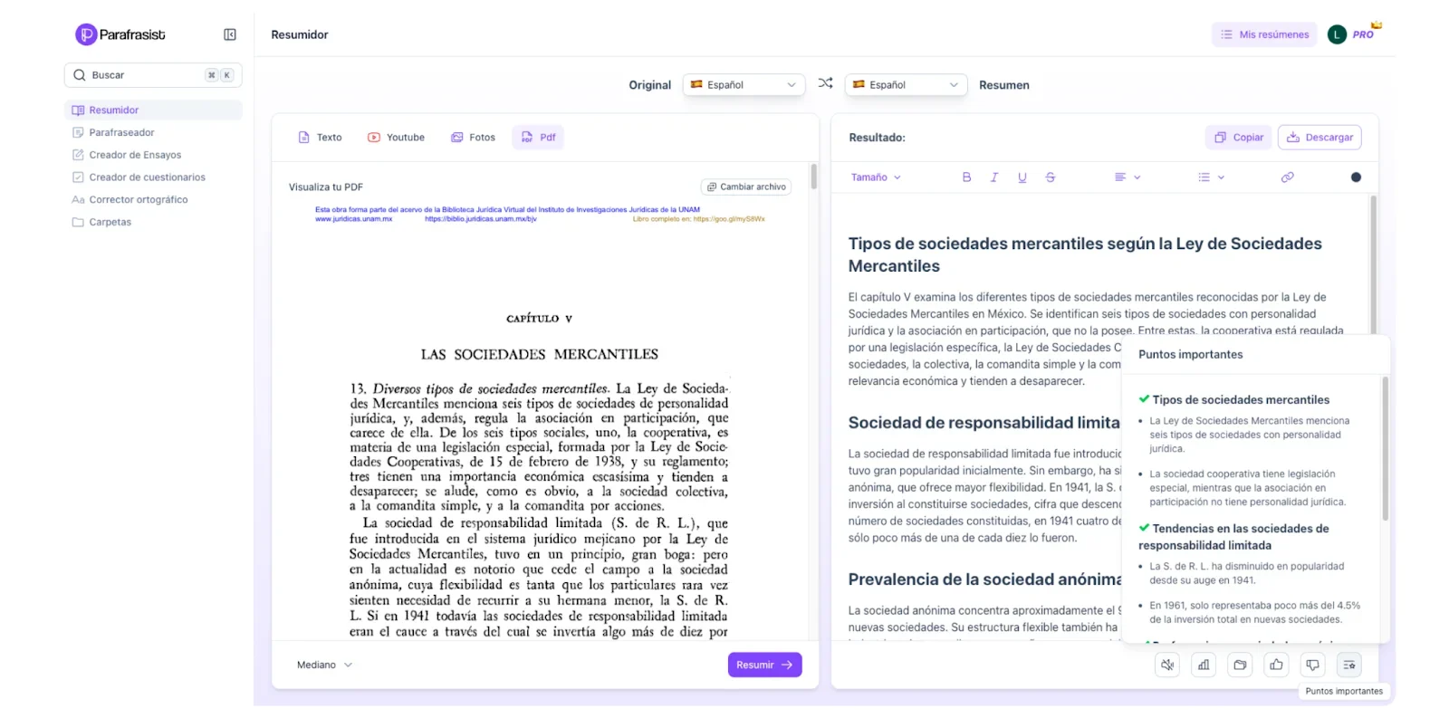 Imagen que muestra el resumen de un PDF de “Las sociedades mercantiles” creado con la herramienta en línea Parafrasist