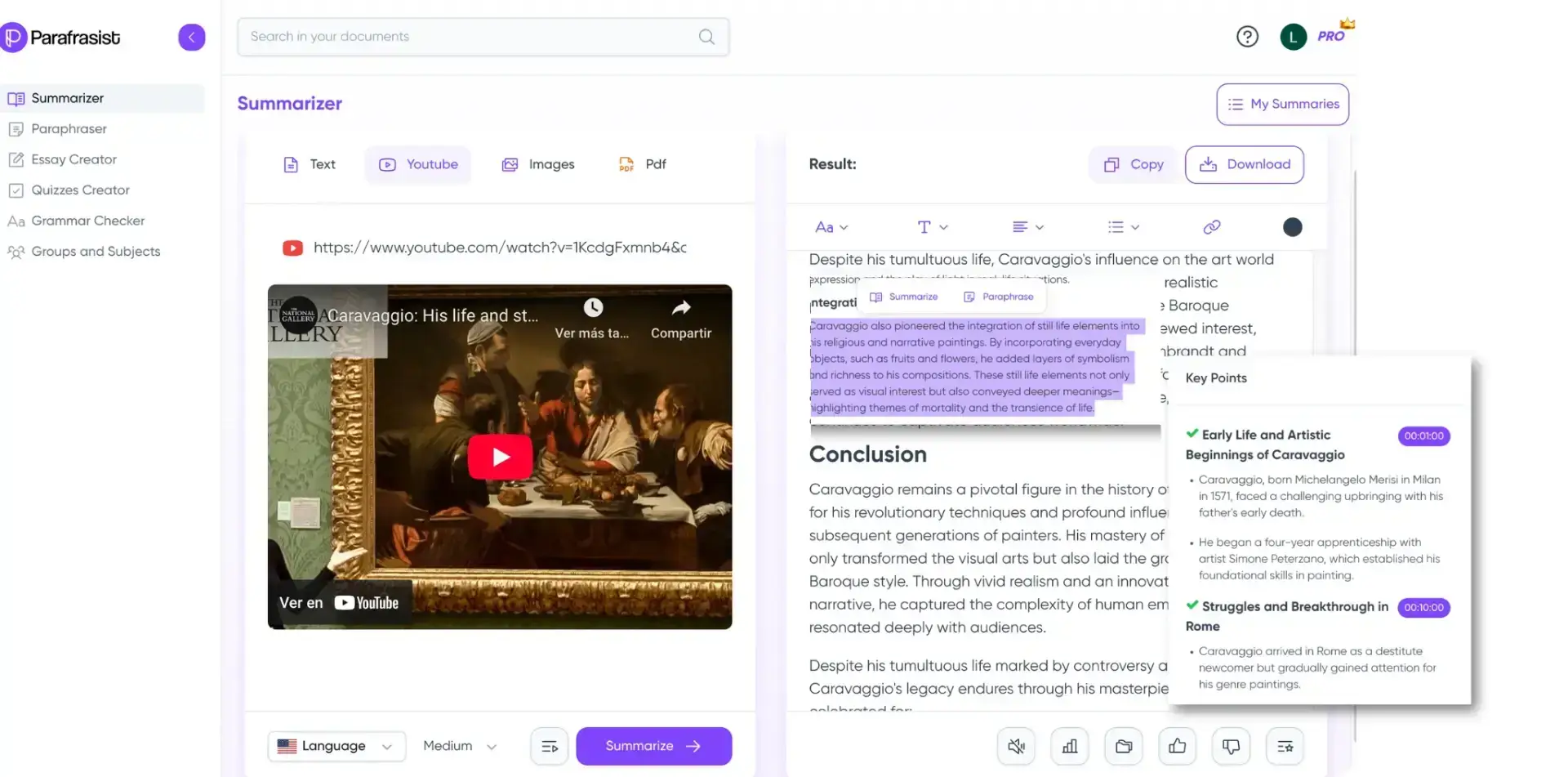 Summary of a YouTube video on Parafrasist's Summarizer