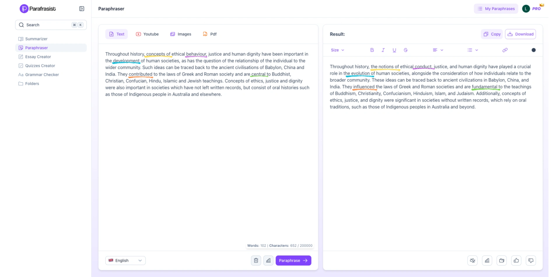 Text paraphrased in Parafrasist