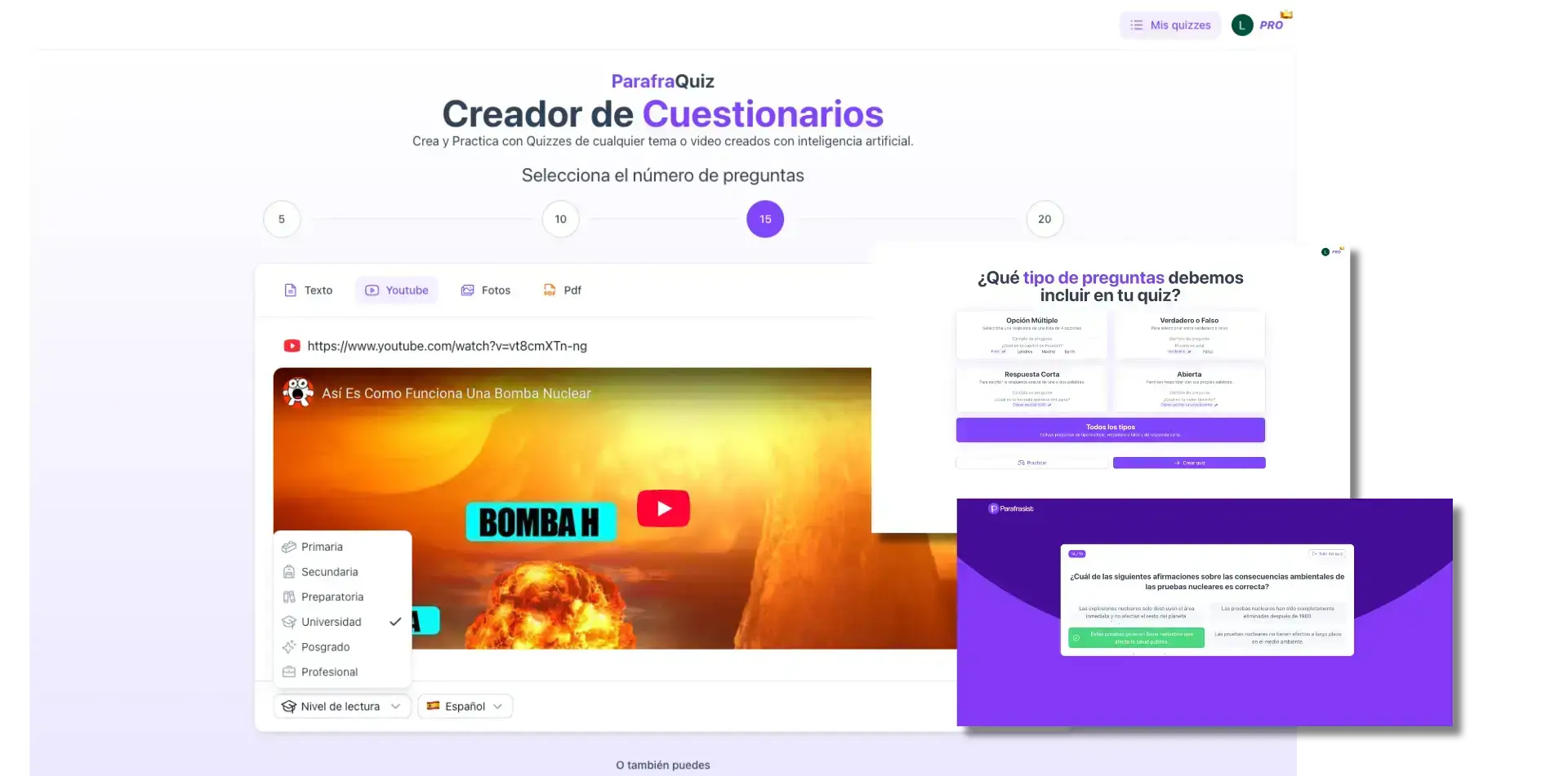 Cuestionario a partir de un video de YouTube en Parafrasist, con todos los tipos de pregunta y en modo practicar