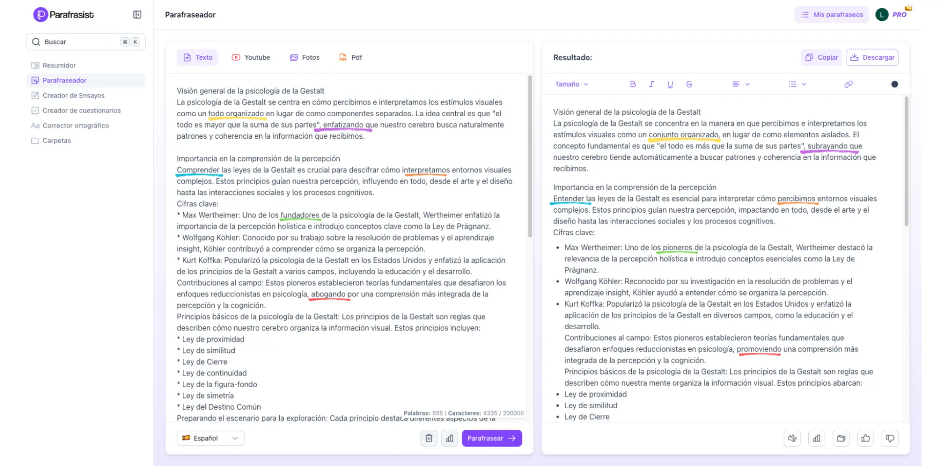 Texto parafraseado en Parafrasist