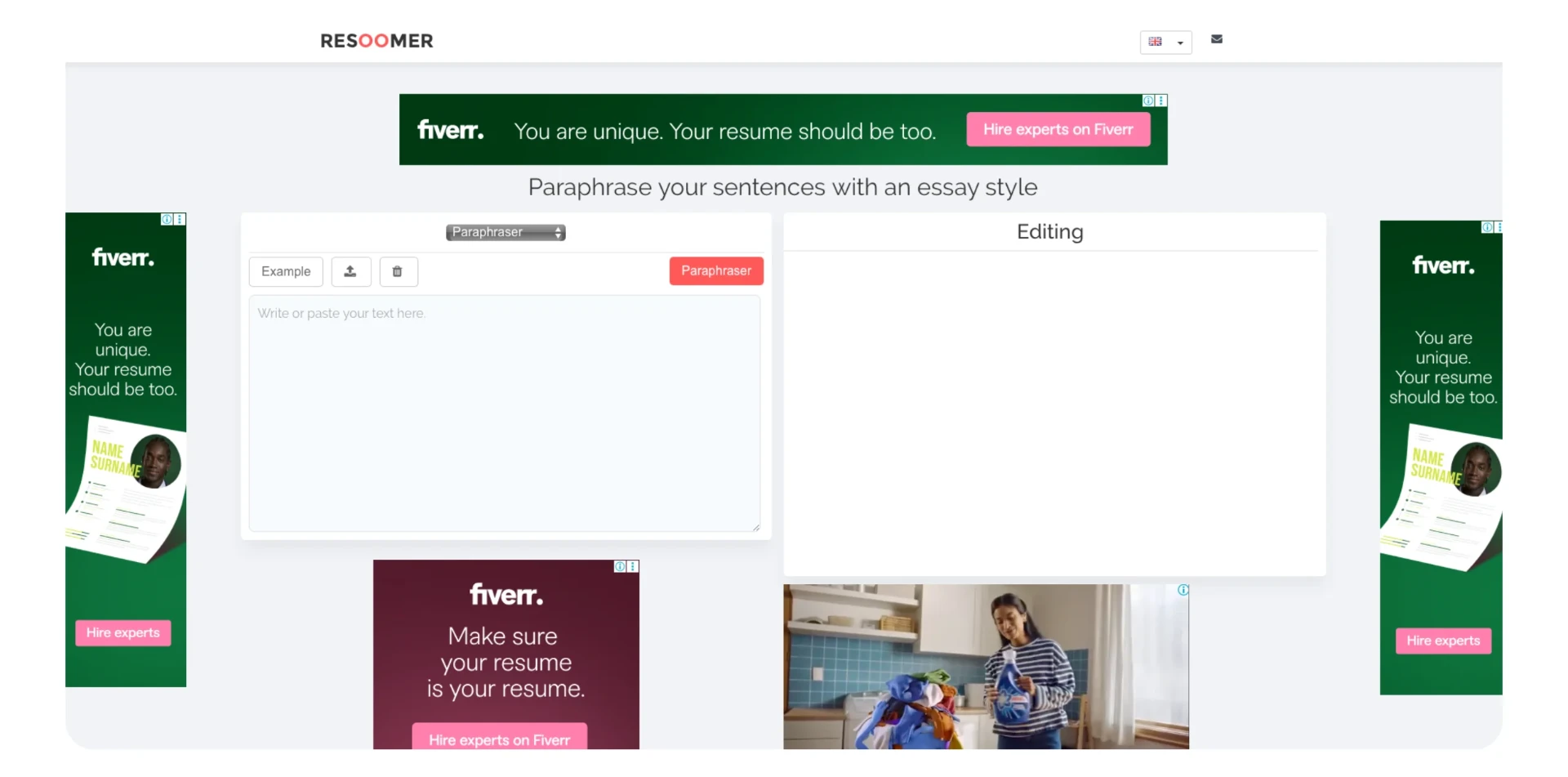 A screenshot of Resoomer's paraphrasing tool