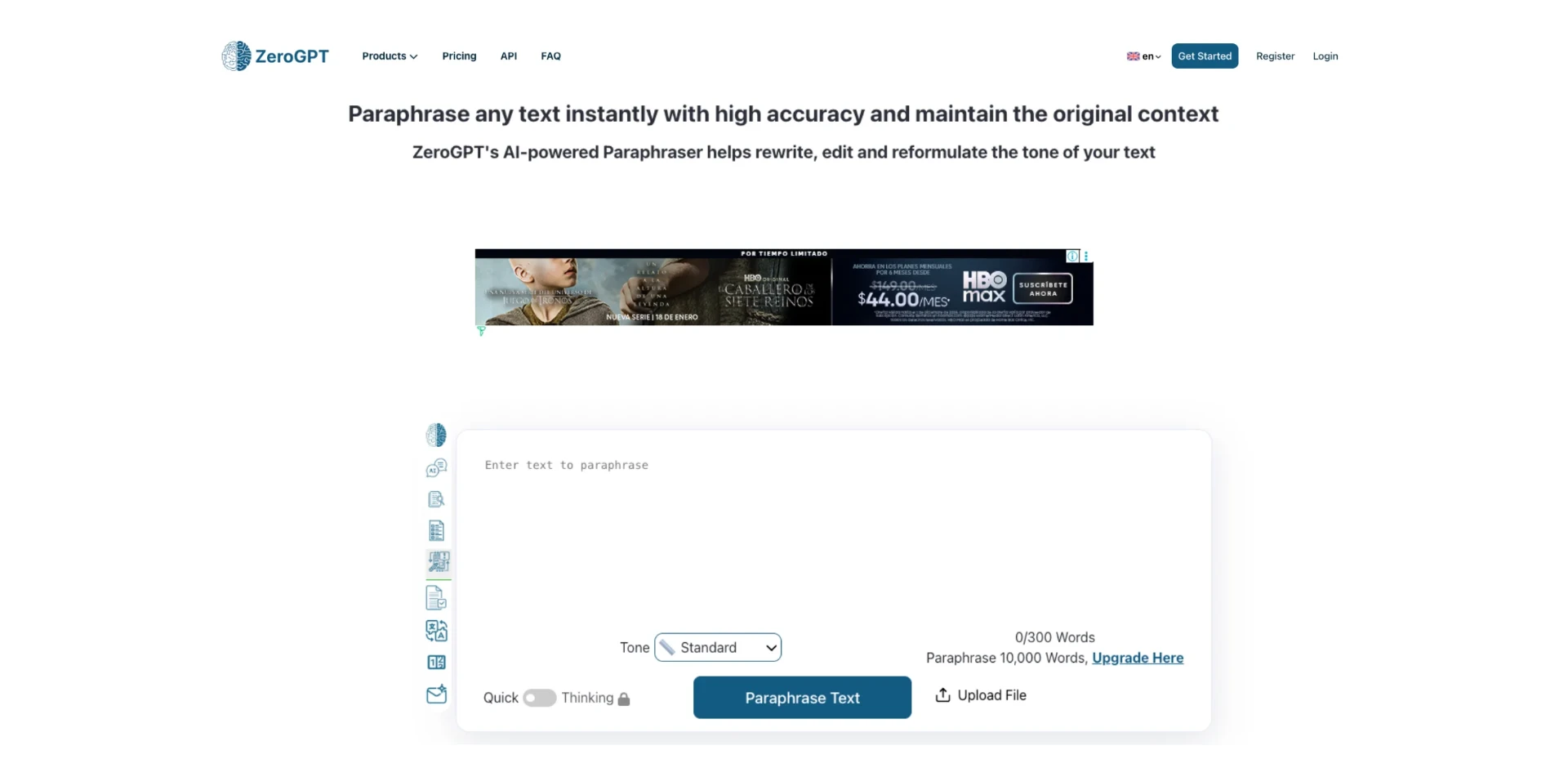 A screenshot of ZeroGPT's paraphrasing tool