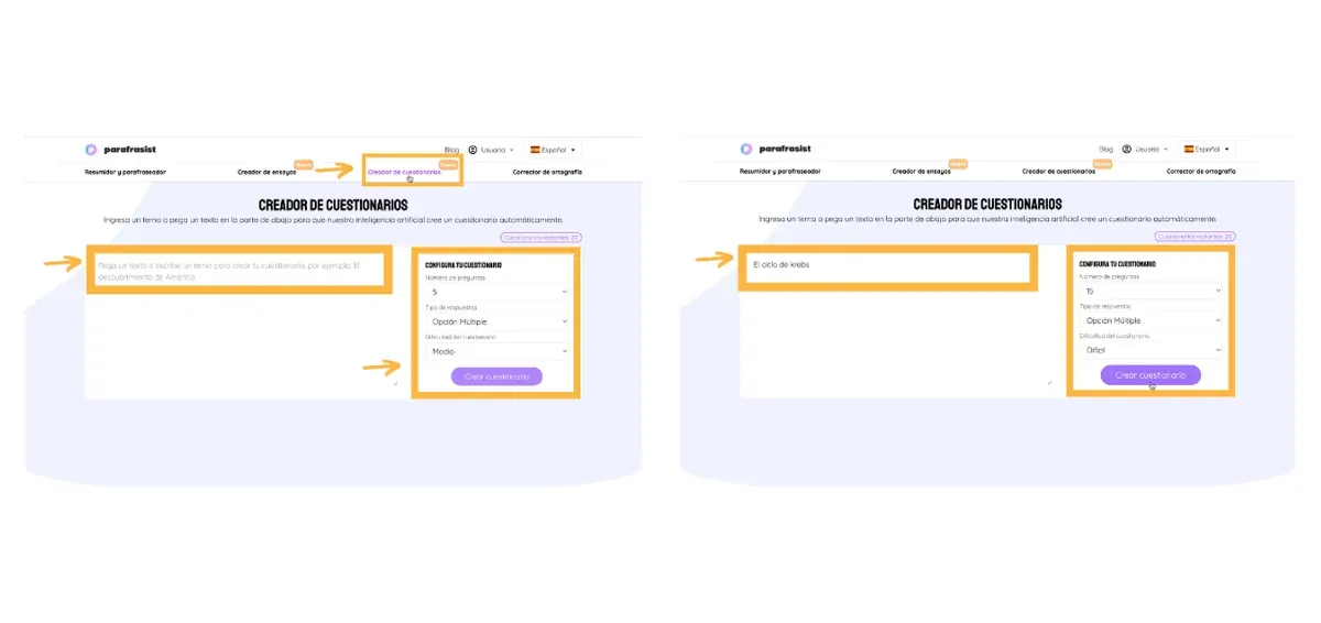Screenshot de ParafraQuiz, con elas configuraciones resaltadas