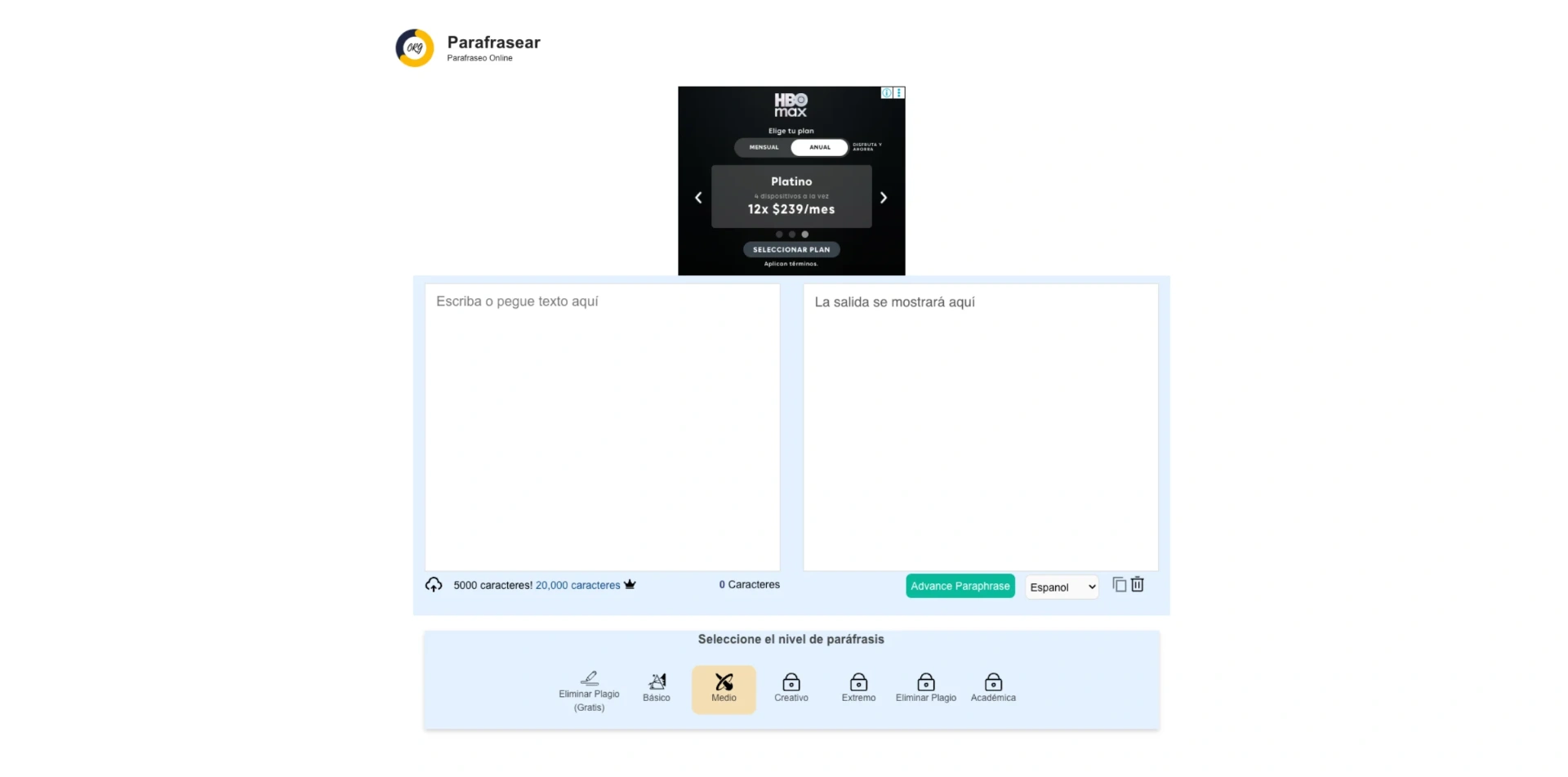Captura de pantalla de Parafrasear.org