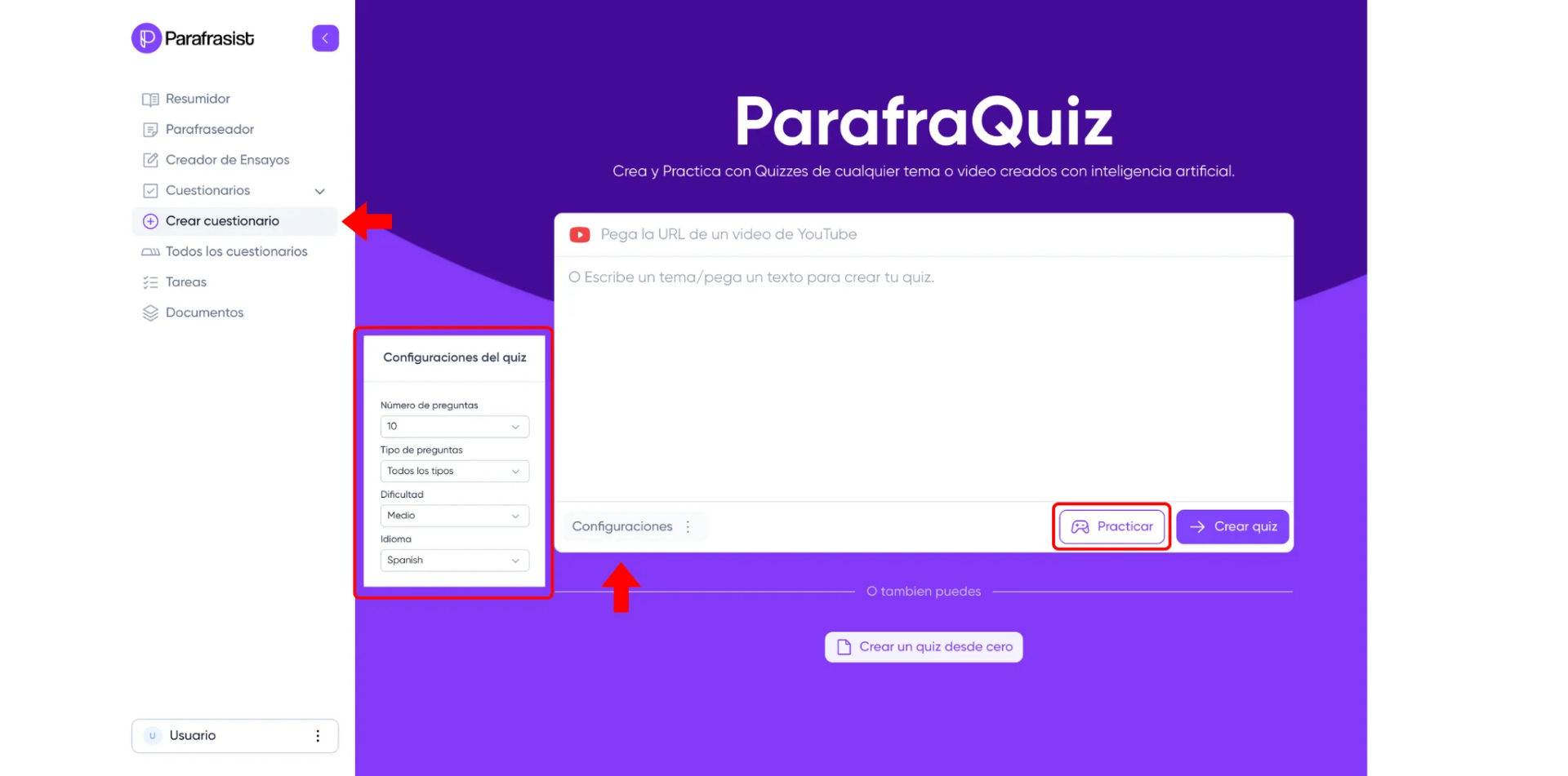 Página de ParafraQuiz, señalando las configuraciones como número y tipo de preguntas, dificultad e idioma.