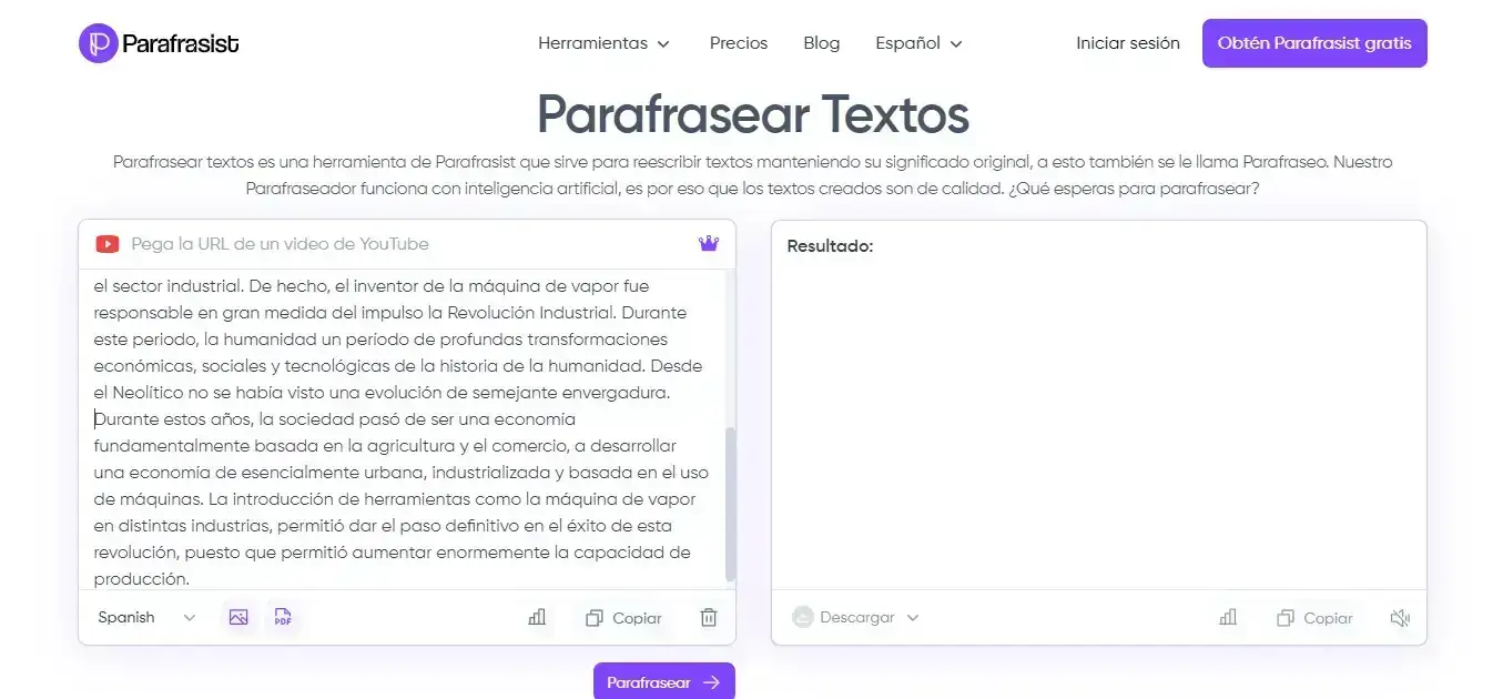 Herramienta de Parafraseador de textos de Parafrasist