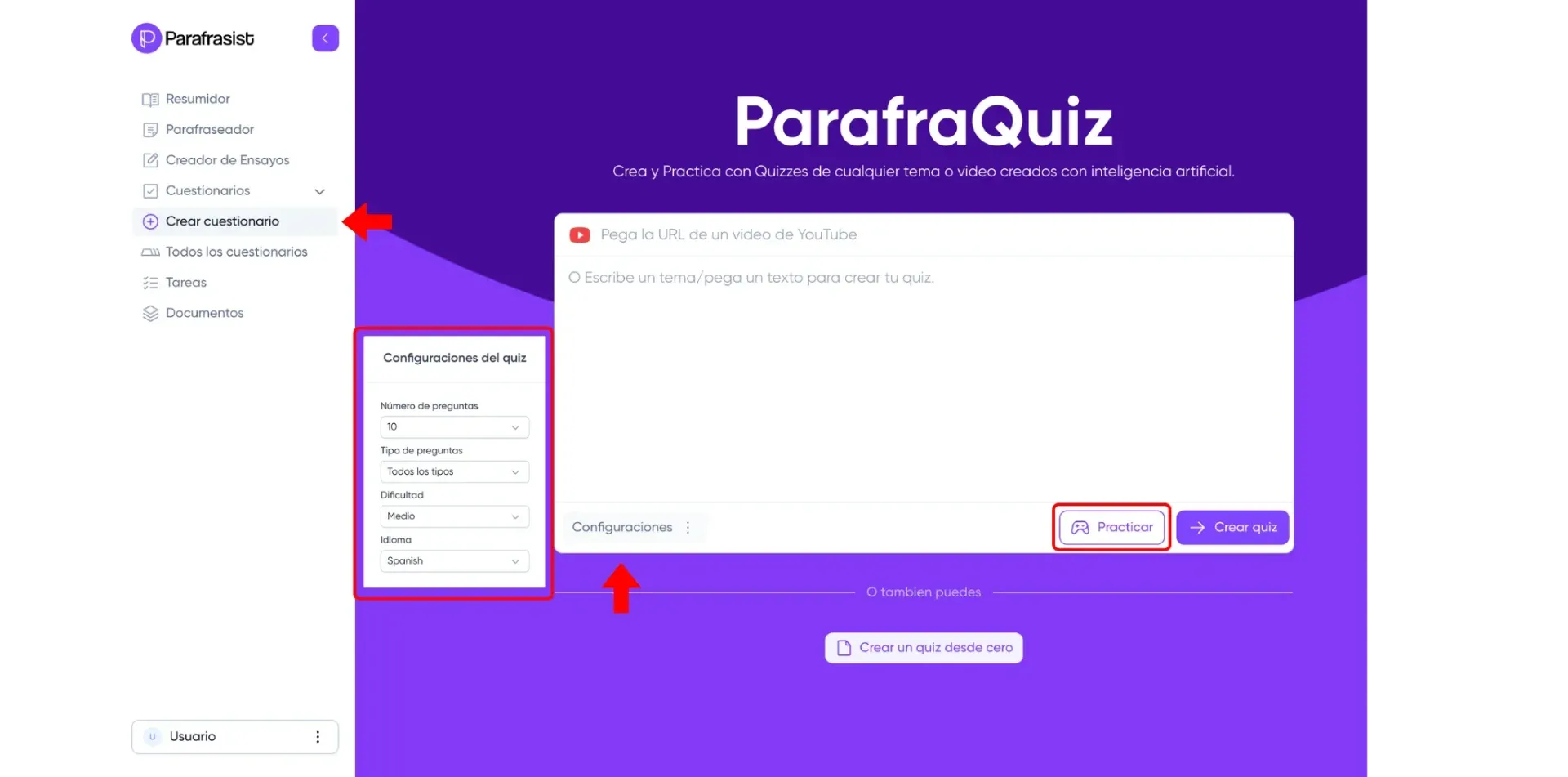 ParafraQuiz main page, pointing at the configurations like how many questions and their type, difficulty and language