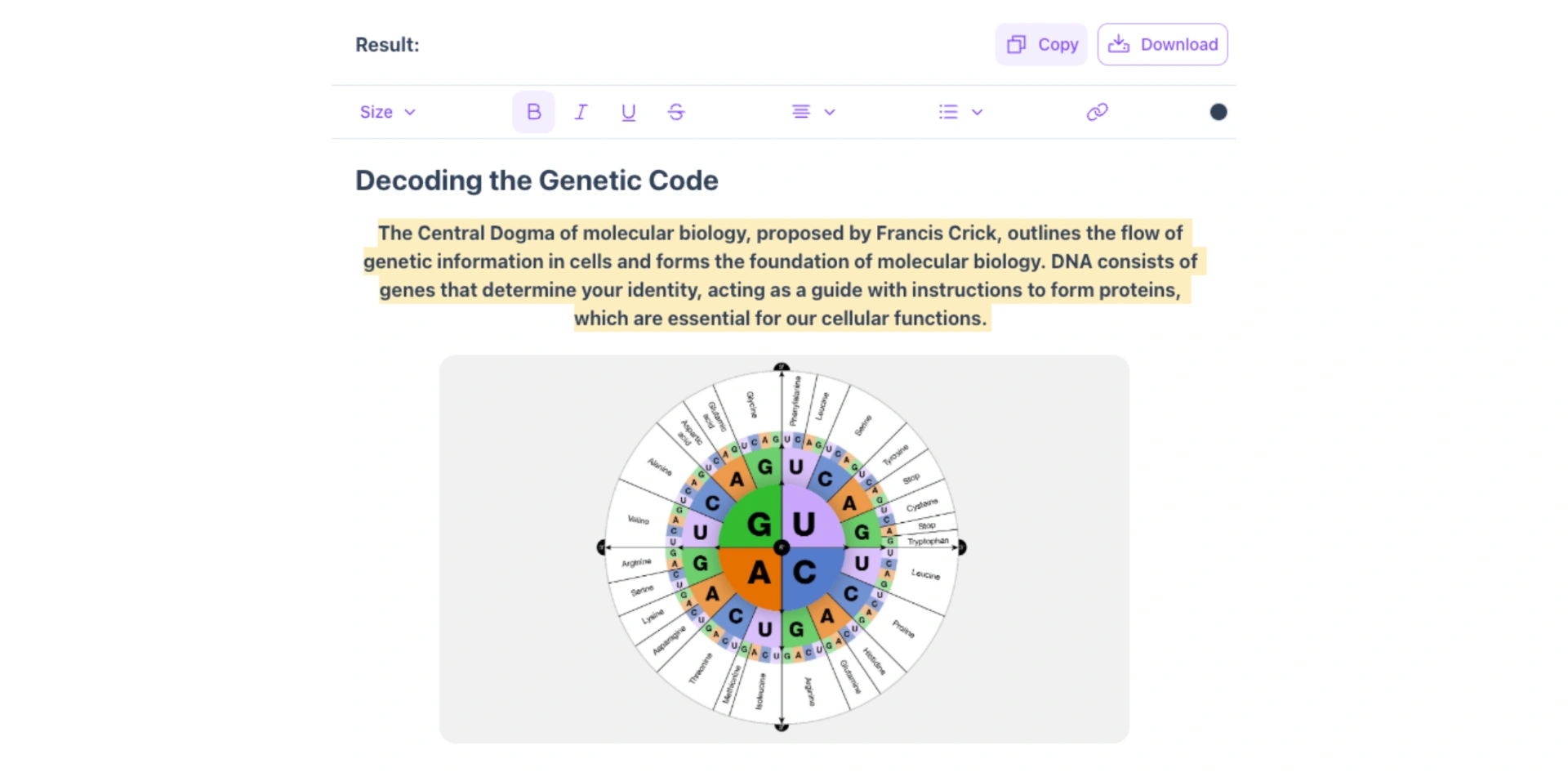 Paragraph about the genetic code next to an image about the same topic