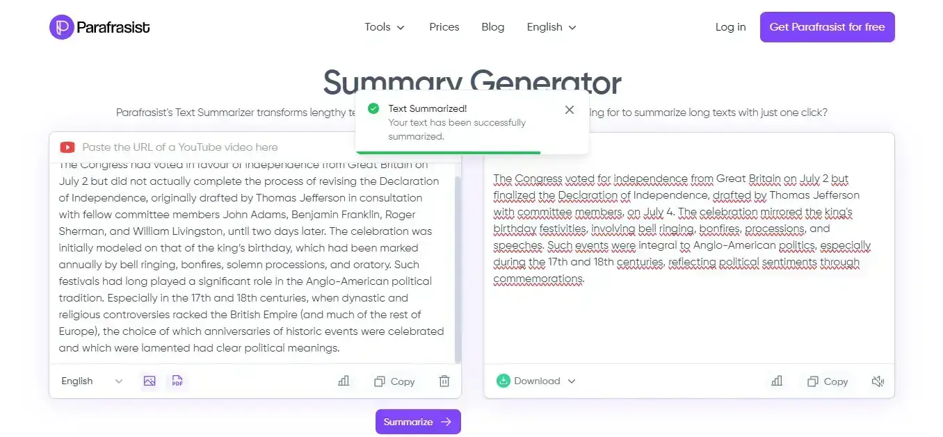 Parafrasist's Summary Generator with summarized text