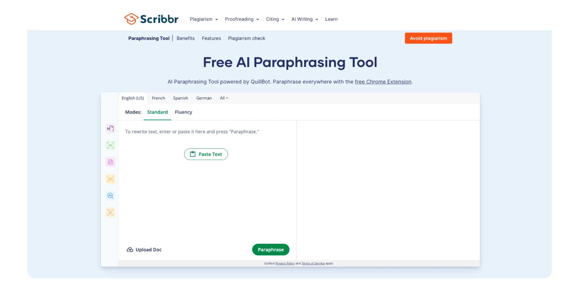 A screenshot of Scribbr's paraphrasing tool