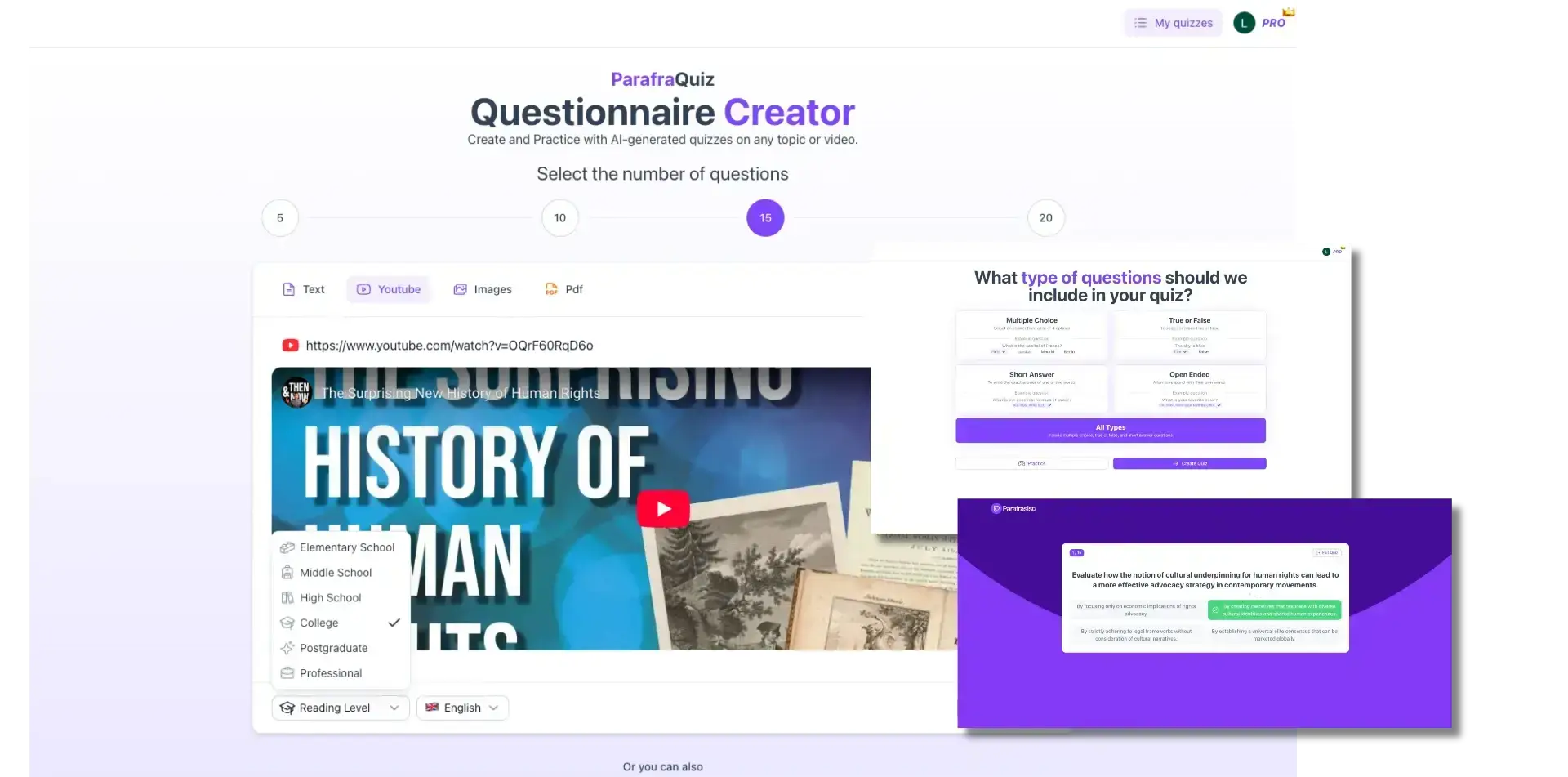 Quiz from a YouTube video with College reading level and all types of questions in practice mode