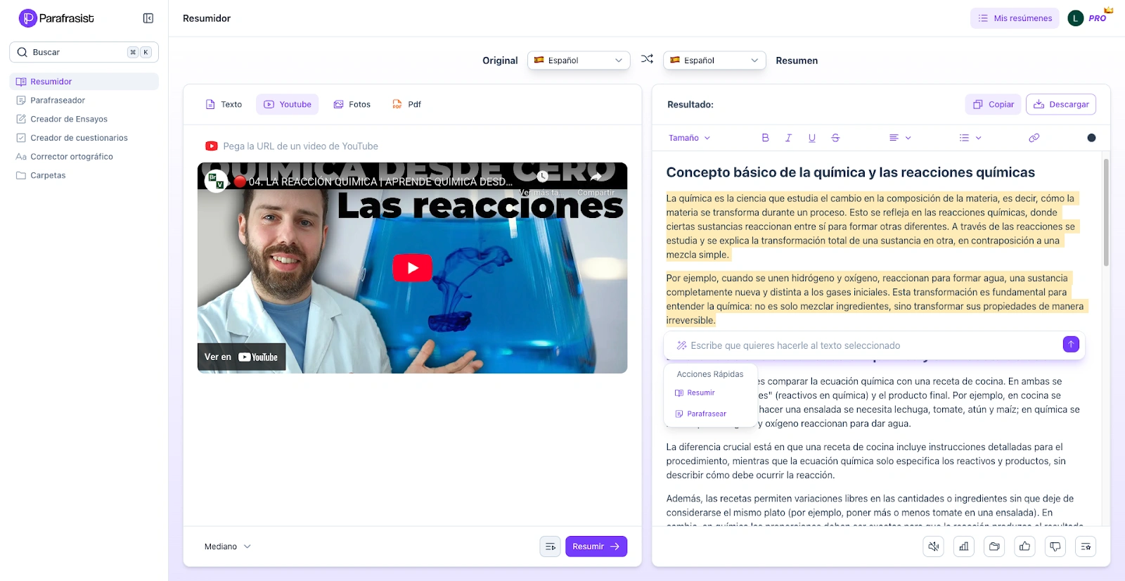 Resumen de un video de YouTube creado con la herramienta Parafrasist