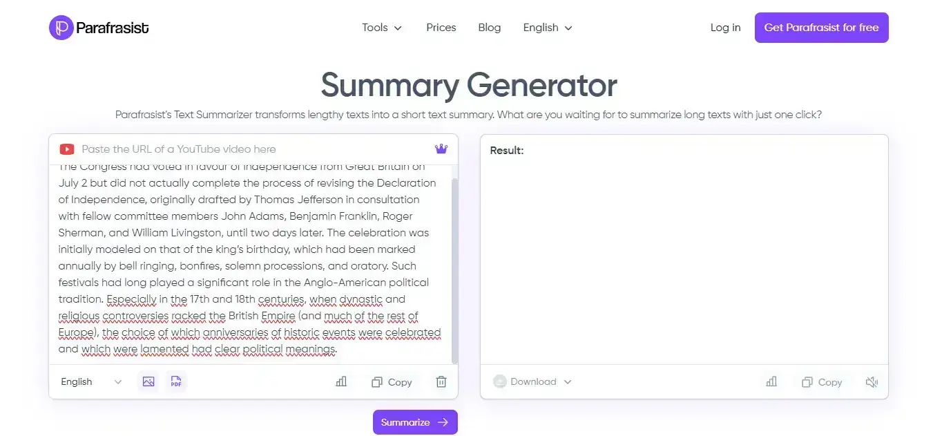 Parafrasist's Summary Generator with text