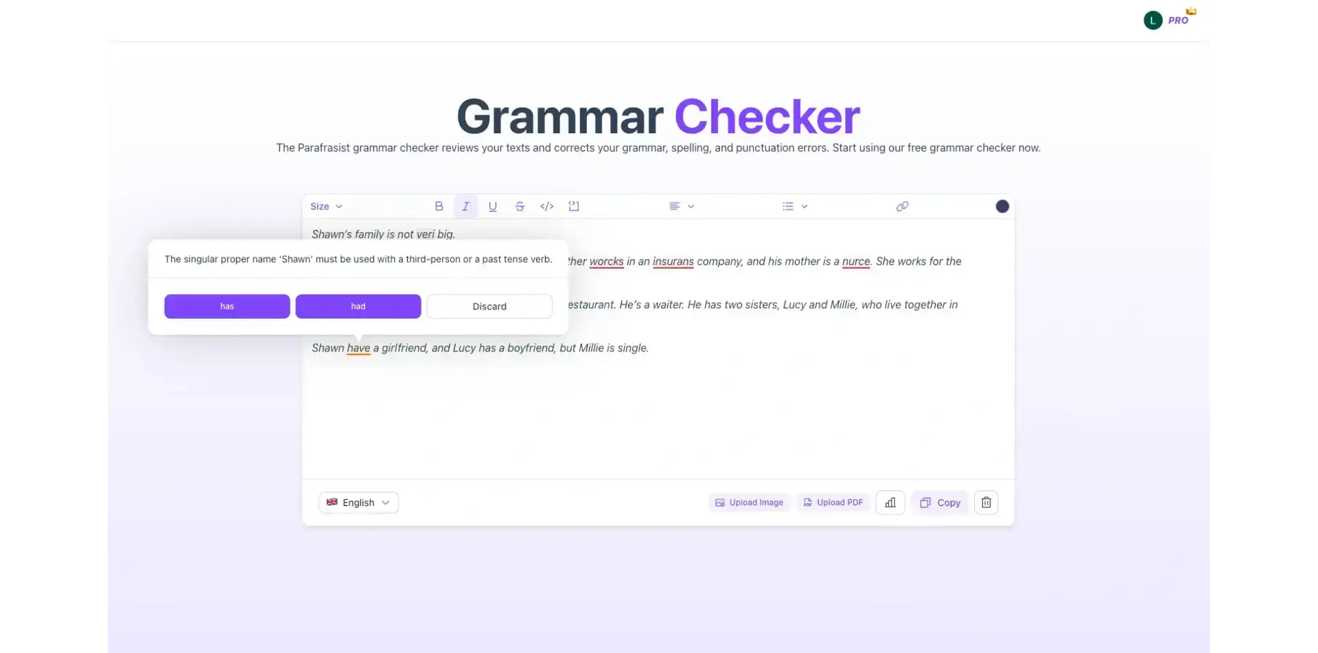 Parafrasist's Grammar Checker correcting a possible spelling mistake
