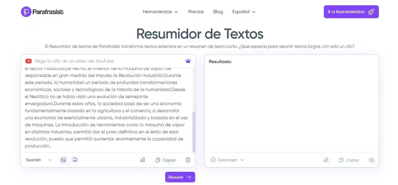 Resumidor de textos de Parafrasist con texto por resumir