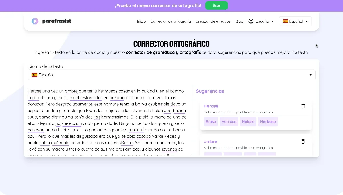 Parafrasist's spell checker highlighting grammar errors
