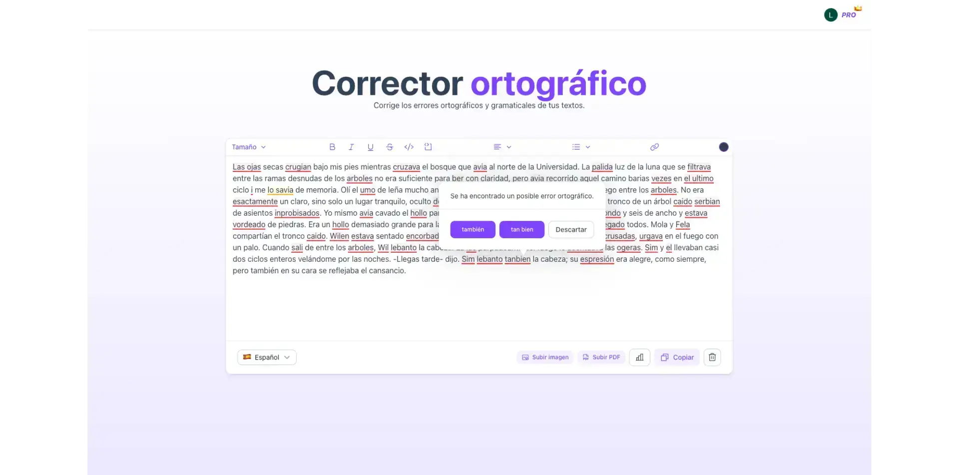 Corrector ortográfico de Parafrasist señalando error ortográfico en texto
