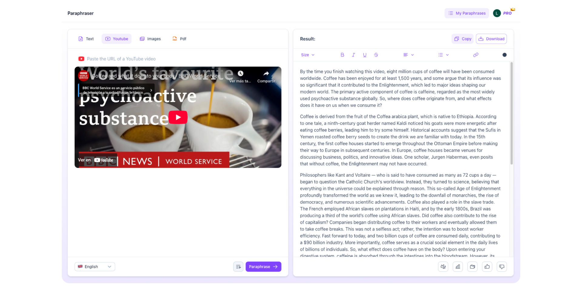 Paraphrase of a video about coffee in Parafrasist