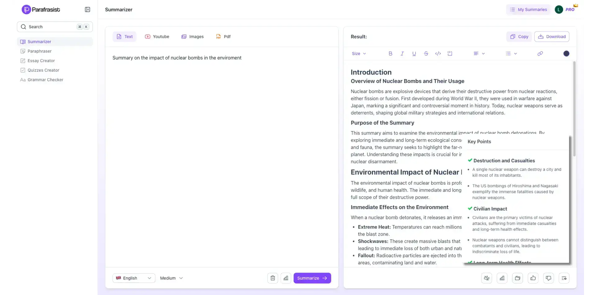 Summary of Parafrasist's summarizer