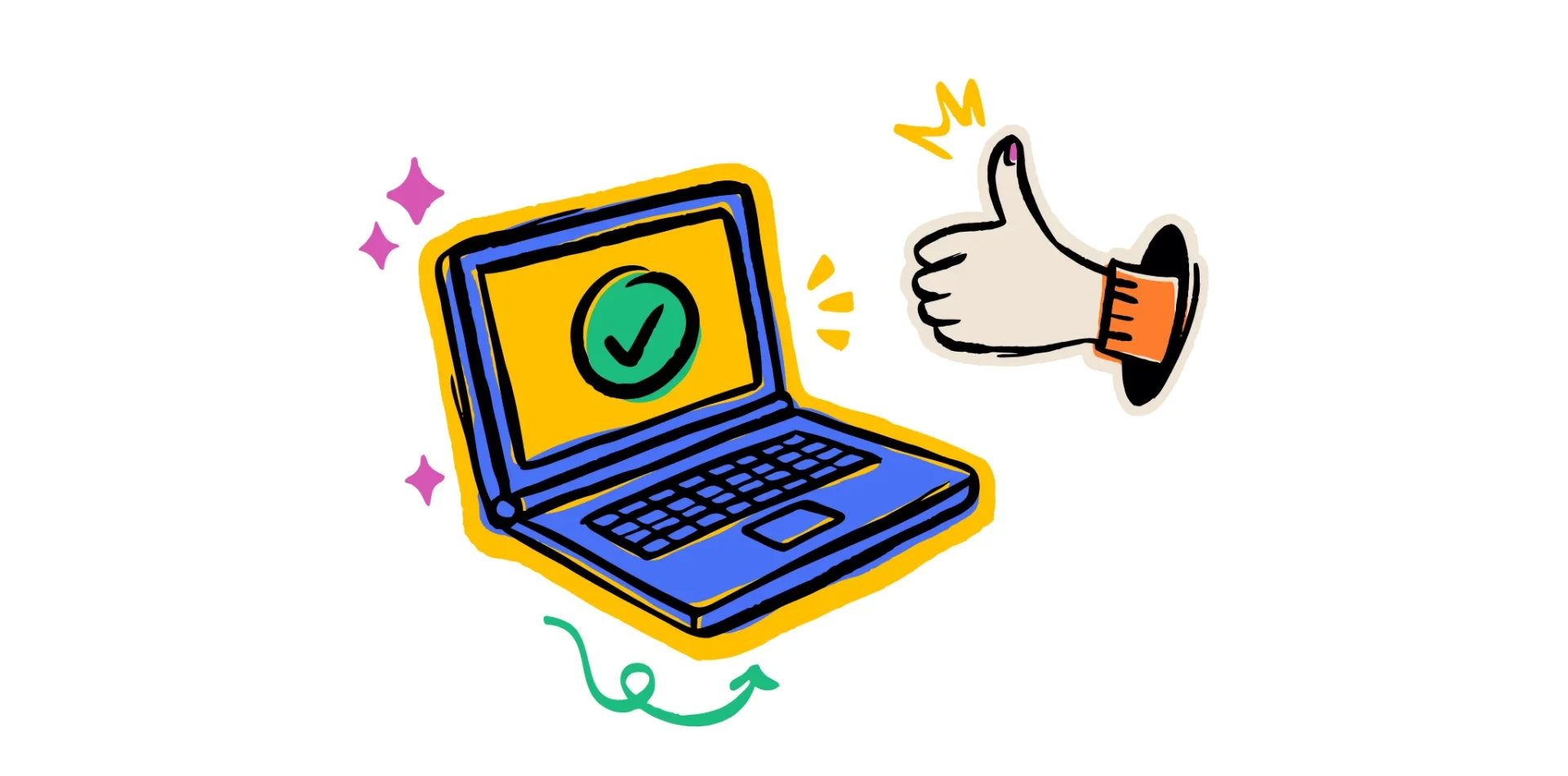 Illustration of a laptop with a green checkmark on the screen next to a like gesture