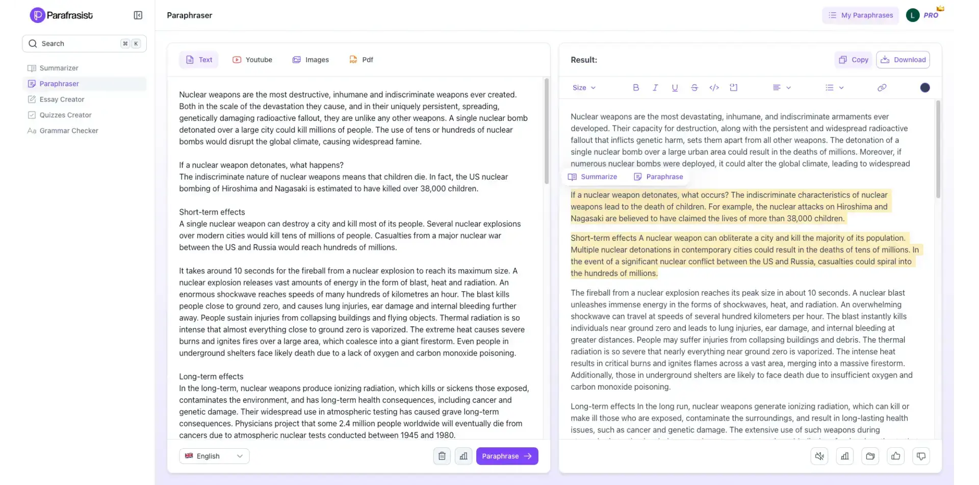 Paraphrased text on Parafrasist with paragrpah selected to summarize or rewrite again