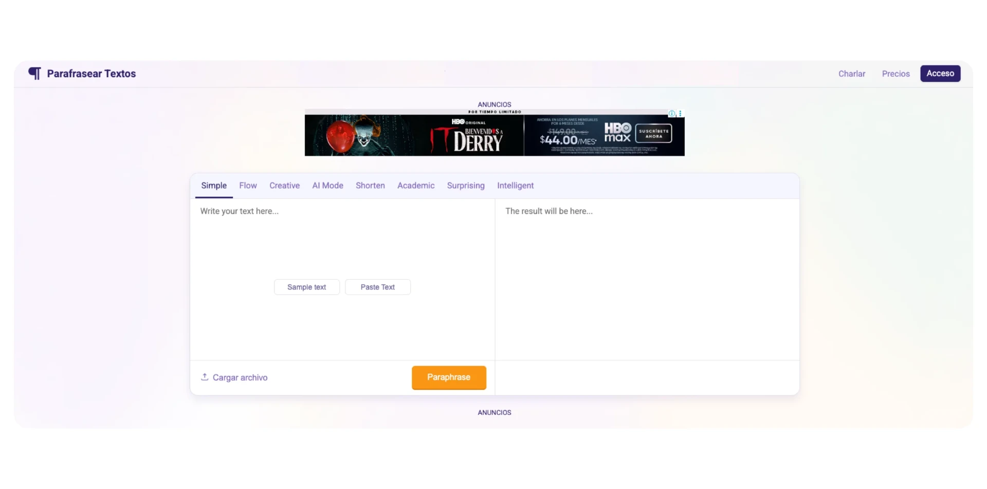 A screenshot of Parafrasear Textos' paraphrasing tool