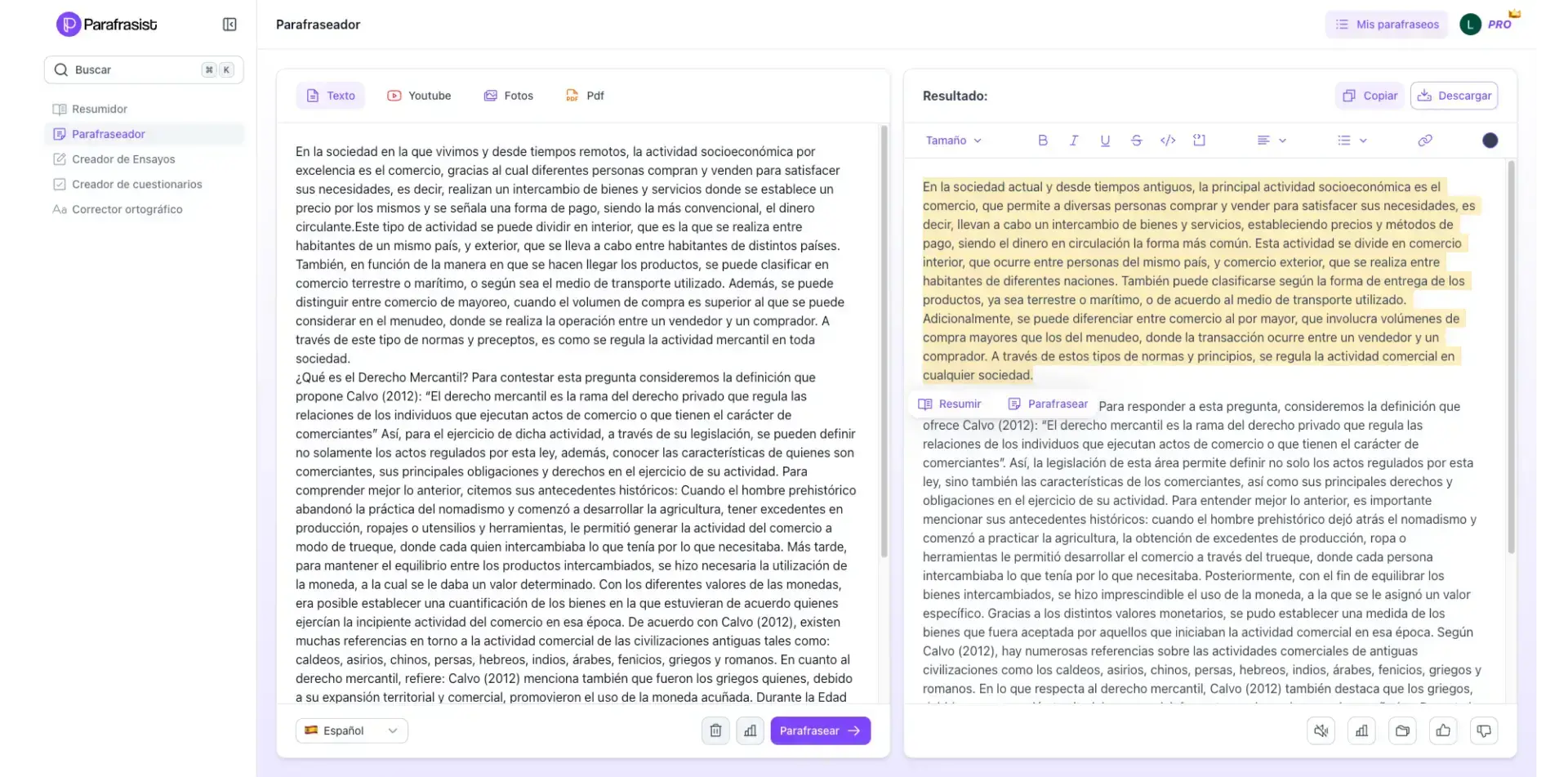 Parafraseador de Parafrasist con texto seleccionado para volver a parafrasear o resumir