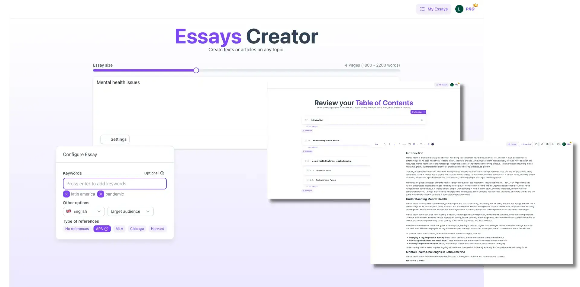 Parafrasist's Essays Creator with APA references, a preview of the table of contents and final result