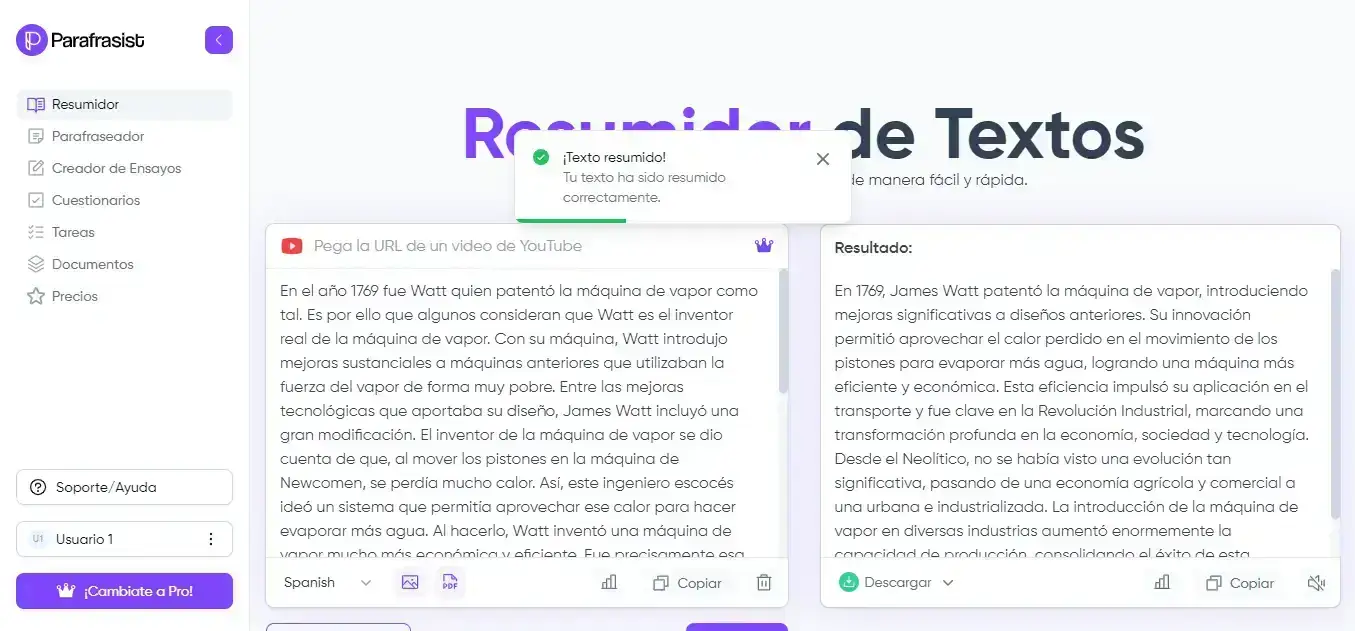 Resumidor de textos de Parafrasist con texto resumido