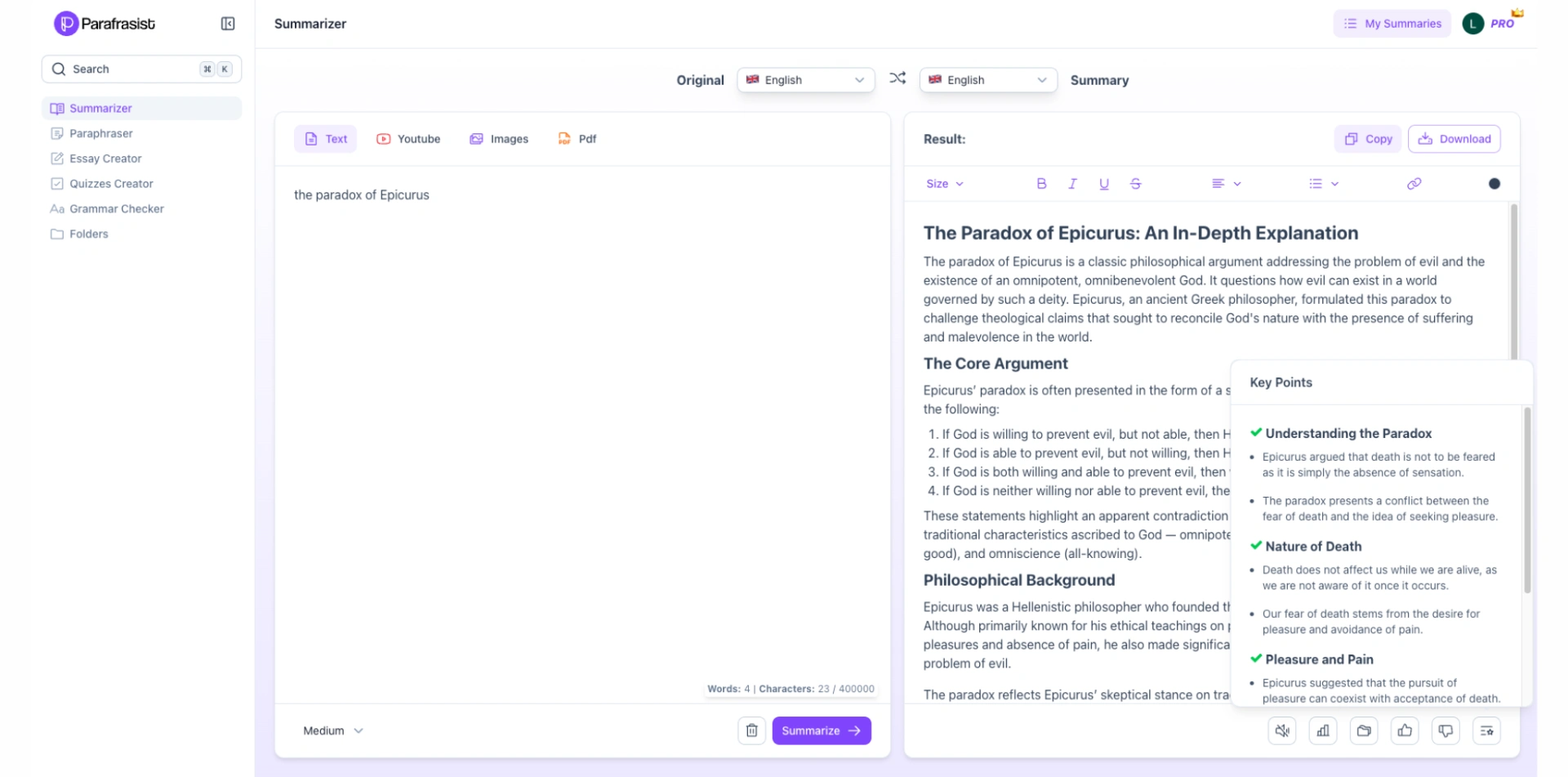 Summary of the paradoxes