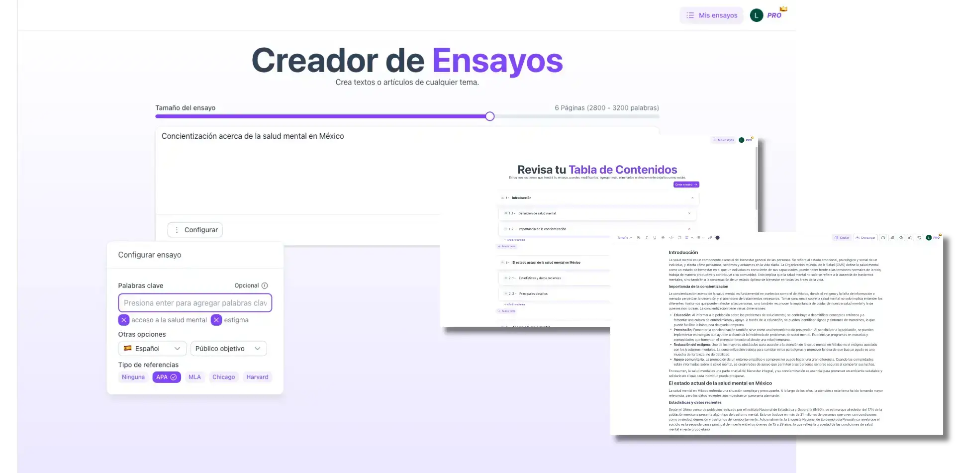 Creador de Ensayos de Parafrasist con referencias en APA, vista de la tabla de contenidos y resultado